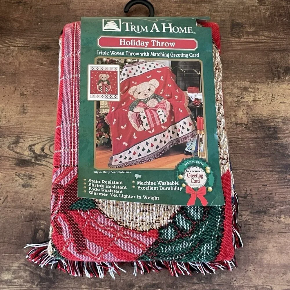 Vintage American Weavers Holiday Throw Blanket Teddy Bear Christmas Woven NEW